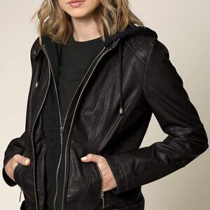Lock and Love Faux Leather Moto Biker Jacket Coat with Removable Hood - Large